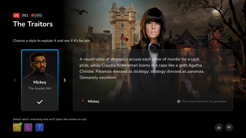 The Traitors programme page with Mickey selected, showing his short AI-generated review and a row of viewer profiles to tailor it to